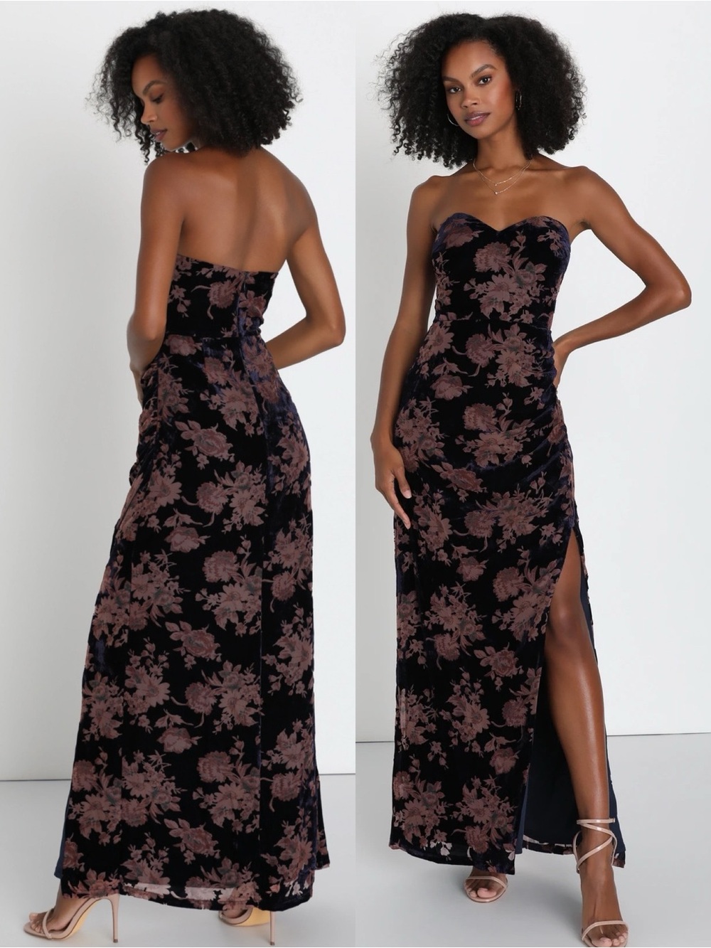 NWT Lulu’s Exquisite Navy Blue Floral Burnout Velvet Strapless Maxi Dress Large
